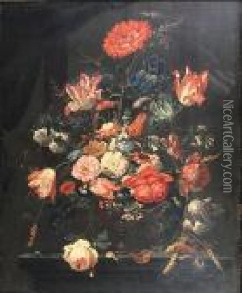 Roses, Tulips, Carnations And 
Other Flowers Ina Glass Vase On A Table Top, With A Snail And A 
Butterfly Oil Painting - Abraham Mignon