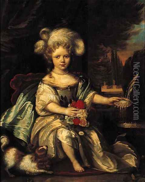 Portrait of Anna Catharina van Heemskerck (1676-1723) when young, seated full length by a fountain on a draped terrace Oil Painting - Pieter Nason