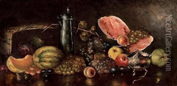 Still Life With Summer Fruits And Silverware Oil Painting - Nicolai Vokos