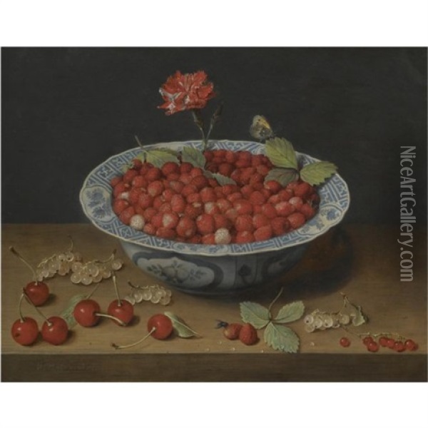A Still Life Of Wild Strawberries And A Carnation In A Ming Bowl, With Cherries And Redcurrants On A Wooden Ledge Oil Painting - Jacob van Hulsdonck