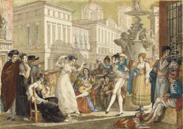 The Plaza De La Provincia, Madrid, With A Crowd Watching An Elegantcouple Dance, A Fountain Emblazoned With The Royal Arms Of Spainand The Dome Of The Church Of San Isidro Seen Beyond Oil Painting - Jean-Demosthene Dugourc