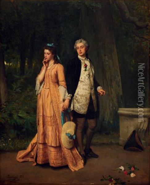 Couple De Galants Avec A Droite Des Fleurs Parsemees A Terre Oil Painting - Auguste Serrure
