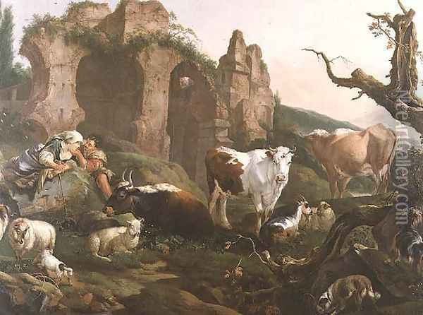 Lovers in a Classical Landscape with Animals Oil Painting - Johann Heinrich Roos