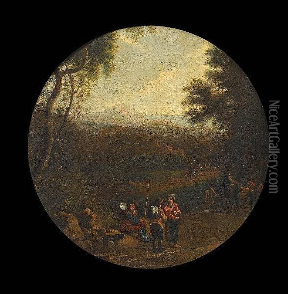 An Italianate Landscape With Travellers Resting On A Country Path Oil Painting - Herman Van Swanevelt