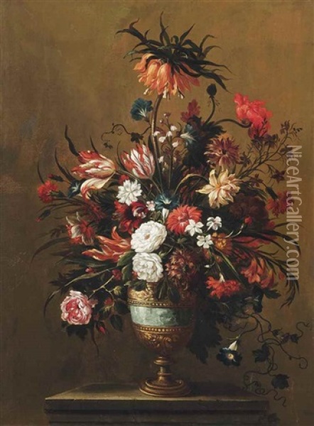 Tulips, Peonies, Carnations, Morning Glories And Other Flowers In A Bronze Urn On A Stone Ledge Oil Painting - Jean-Baptiste Belin de Fontenay the Elder