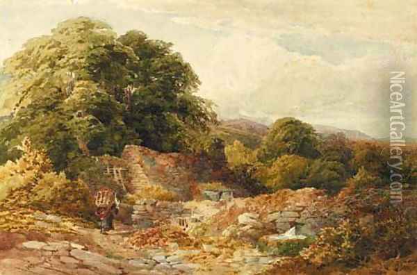 Peat cutters in a wooded landscape Oil Painting - William James Bennett