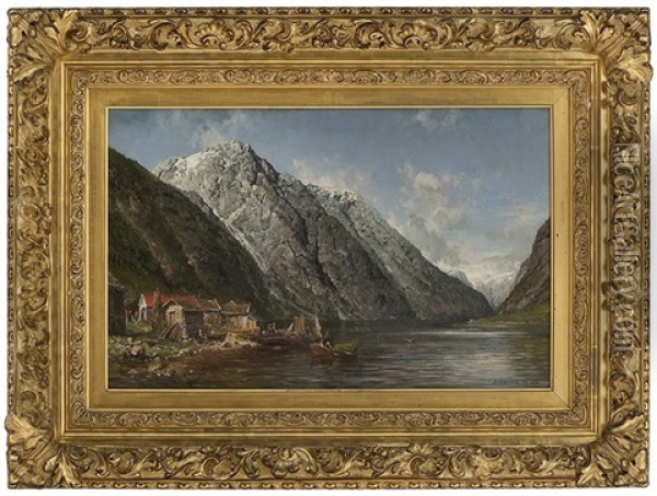 Fjord Landscape With People Oil Painting - Anders Monsen Askevold