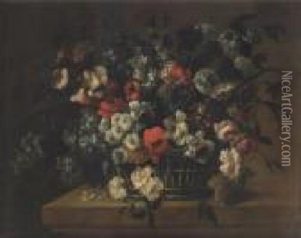 Roses, Snowballs, Lilac, 
Carnations, Narcissi And Other Flowers In A Basket Upon A Stone Ledge Oil Painting - Peter Tillemans