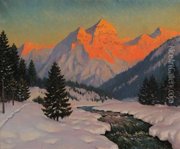 Untitled - Sunset In The Mountains Oil Painting - Mikhail Markianovich Germanshev