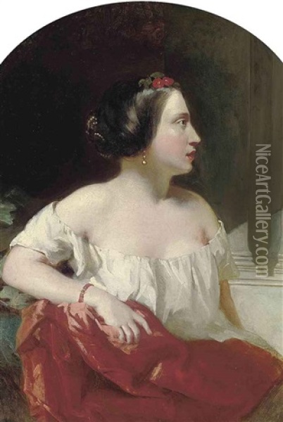 Portrait Of A Lady, In A White Dress With A Red Wrap Oil Painting - William Etty