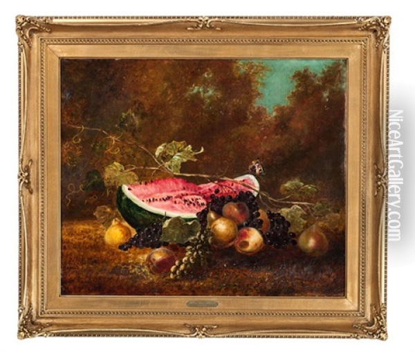 Still Life With Watermelon And Butterfly Oil Painting - William Henry Hilliard