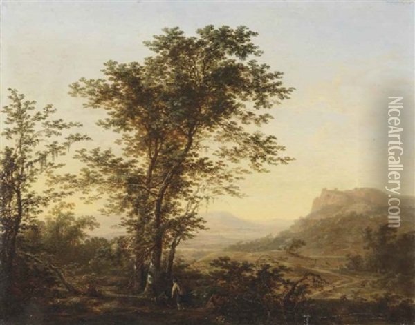 A Mountainous Landscape With Travellers Resting By A Birch Grove, Figures On A Path Beyond Oil Painting - Herman Saftleven