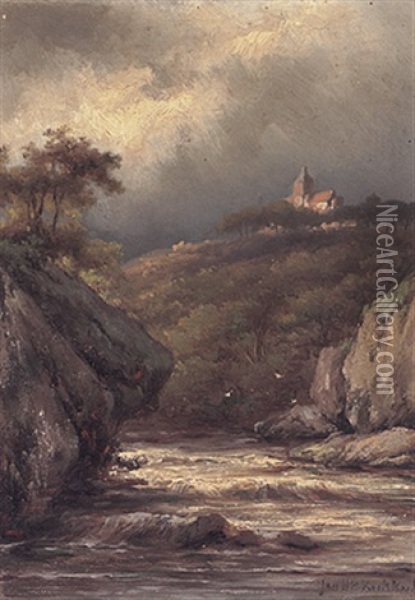 Flusslandschaft Mit Kleinem Katarakt Und Kirche Auf Gegenuberliegendem Hugel Oil Painting - Johannes Hermanus Barend Koekkoek