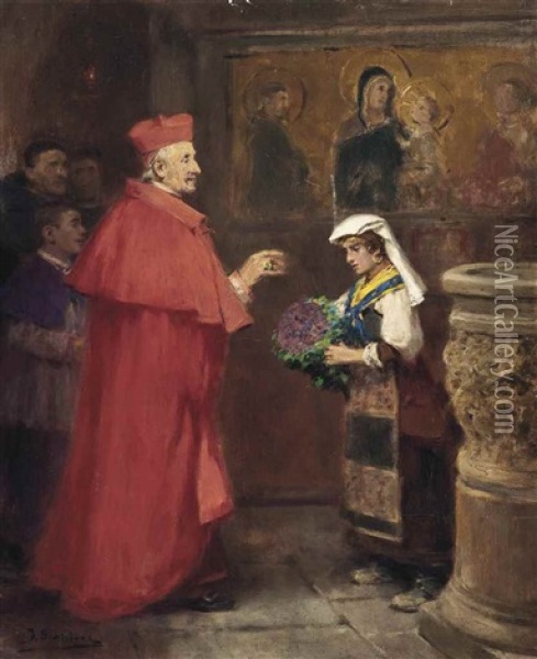 A Cardinal Blessing Flowers In The Basilica Of San Francesco D'assisi Oil Painting - Jose Benlliure Y Gil
