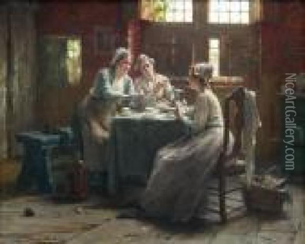 Drie Kaartspelende Zeeuwse Dames In Een Interieur. Oil Painting - Edward Antoon Portielje