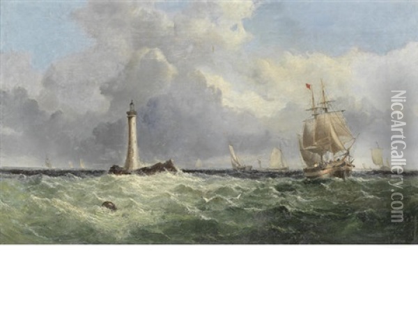 Shipping Off The Eddystone Lighthouse Oil Painting - Ebenezer Colls