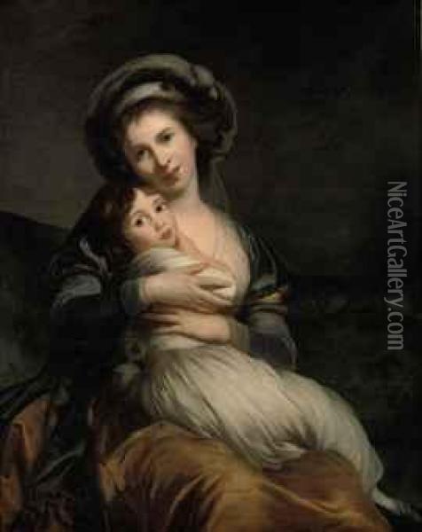 Portrait Of A Lady, 
Three-quarter-length, In A Blue And Yellow Dress Wearing A Grey Turban, 
Seated On A Sofa With Her Child In Her Arms Oil Painting - Elisabeth Vigee-Lebrun