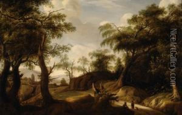 A Forest View With Figuresand A City In The Background Oil Painting - Jan Looten