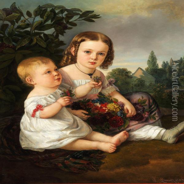 Two Little Sisters In The Garden Oil Painting - Joseph Lavos