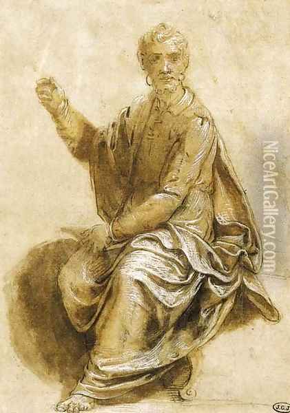 A seated figure, his right hand raised Oil Painting - Girolamo Siciolante Da Sermoneta