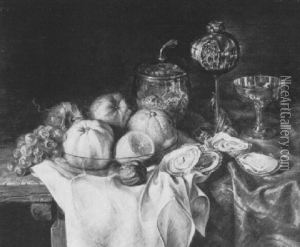 Variastilleben Mit Obst, Austern, Walnus Und Verzierten Glasgefasen Oil Painting - Hermann Gottlieb Kricheldorf