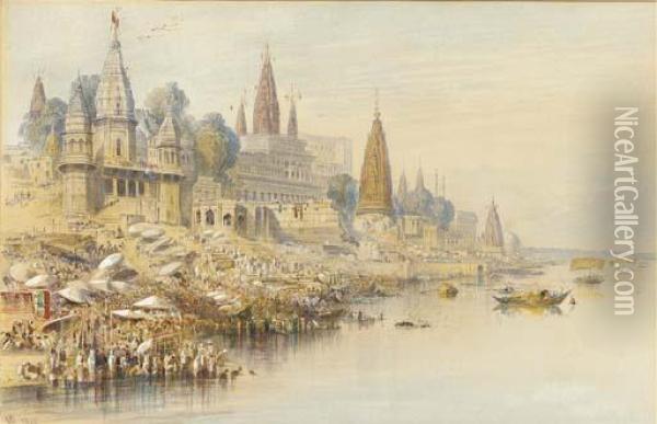 View Of The Ghats At Benares From The River Ganges Oil Painting - Edward Lear
