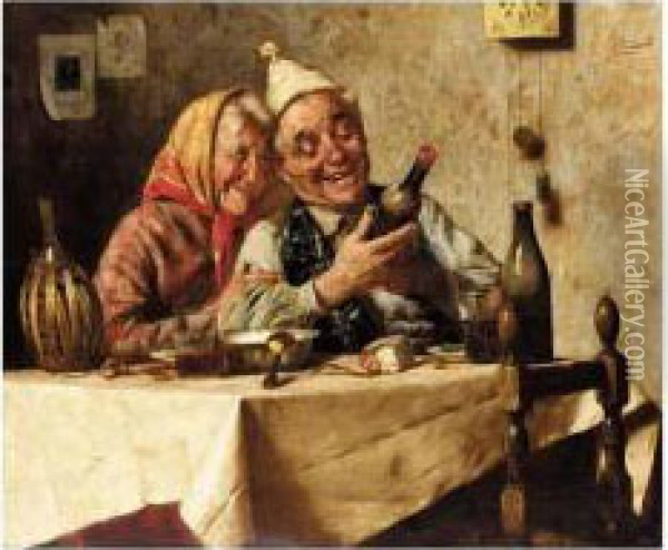 The Wine Merchant And His Wife Oil Painting - Pompeo Massini