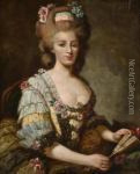A Portrait Of A Lady Wearing A Lace-trimmedyellow Dress And Holding A Fan Oil Painting - Antoine Vestier