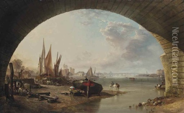 Looking Towards Old Vauxhall Bridge, From Under An Arch Of Westminster Bridge, London Oil Painting - William Clarkson Stanfield