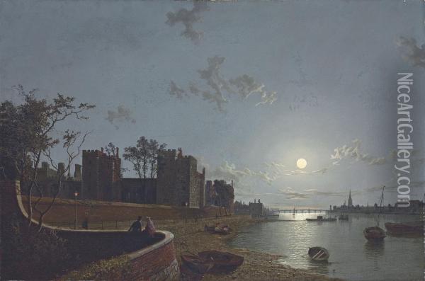 View Of The Thames At Lambeth Palace, By Moonlight Oil Painting - Henry Pether
