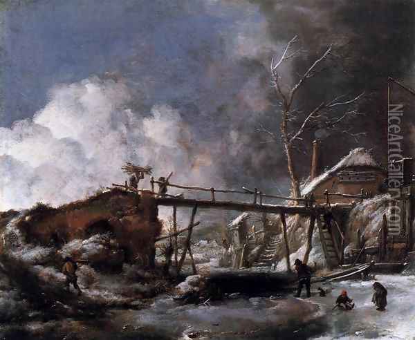 Winter Landscape with Wooden Bridge Oil Painting - Philips Wouwerman