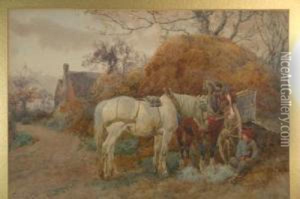 Rustic Scene With Horses, Cart And Boy By The Side Of A Track Oil Painting - Charles Collins