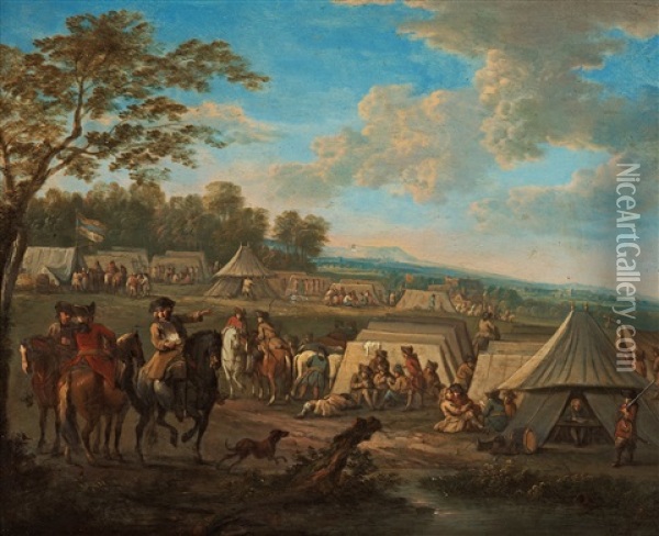 Field Camp With Troops And Horses Oil Painting - Charles Breydel
