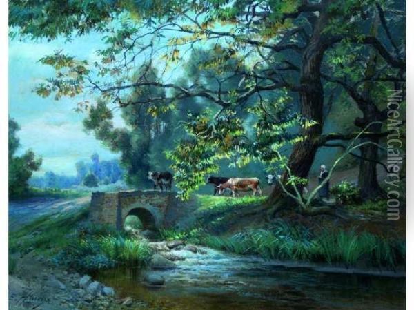 Paysage Au Petit Pont Oil Painting - Ernest Hareux