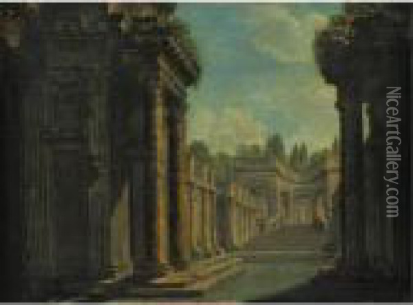 Architectural Capriccio With Roman Ruins Oil Painting - Giovanni Niccolo Servandoni