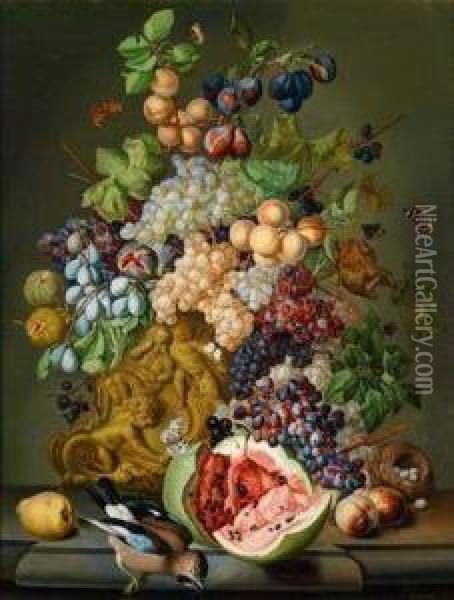 (wien 1776-1857) Groses, Dekoratives Blumenstillleben Mit Fruchten Und Eichelhaher Oil Painting - Sebastian Wegmayr