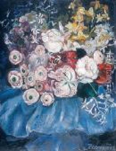 Kwiaty W Granatowym Wazonie Oil Painting - Stanislaw Ignacy Fabijanski Poraj