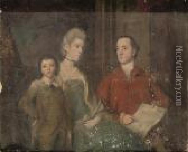 Portrait Of Lady Caroline 
Brydges With Her Husband James Leigh, Andtheir Son James Henry Leigh, 
Three-quarter-length, In Aninterior Oil Painting - Sir Joshua Reynolds