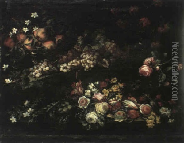 Natura Morta Con Fiori E Frutta Oil Painting - Margherita Caffi