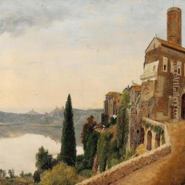 Italian Landscape With The Village Nemi Overlooking Lago Di Nemi Oil Painting - Vilhelm Peter Carl Petersen