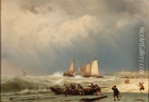 Fishermen On The Beach With An Approaching Storm Oil Painting - Johannes Hermanus Barend Koekkoek