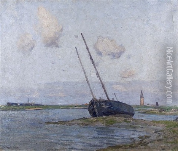 Ruhendes Fischerboot Vor Dem Kustenort Oil Painting - Wilhelm Hambuechen