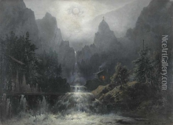 Blick Auf Einen Wasserfall Mit Hutten Bei Mondlicht Oil Painting - Karl Heilmayer