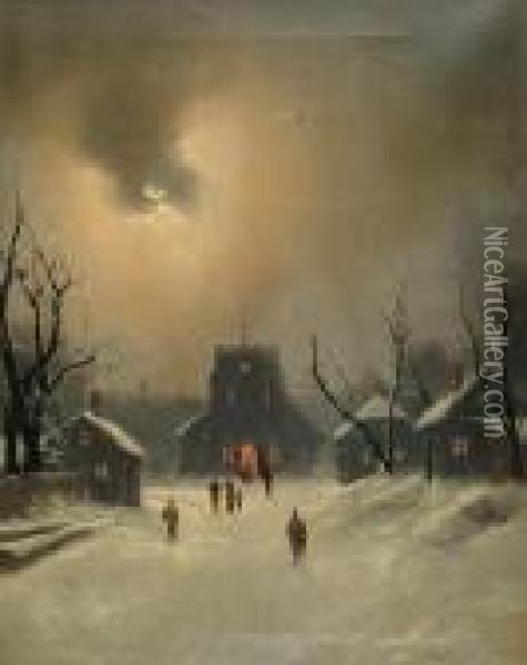 Figures In A Winter Landscape With Church Beyond; & A Companion Oil Painting - Nils Hans Christiansen