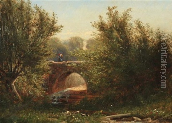 Landscape With Ducks And Bridge Oil Painting - Joseph (or James) R. Woodwell