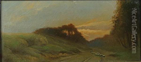 Schapen En Herder In Een Landschap. Oil Painting - Jacques Rosseels