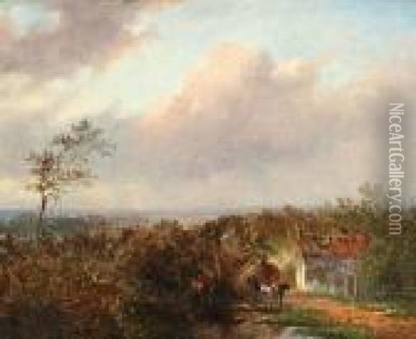 Landschap Met Schuit En Hooiwagen Oil Painting - Jan Evert Morel