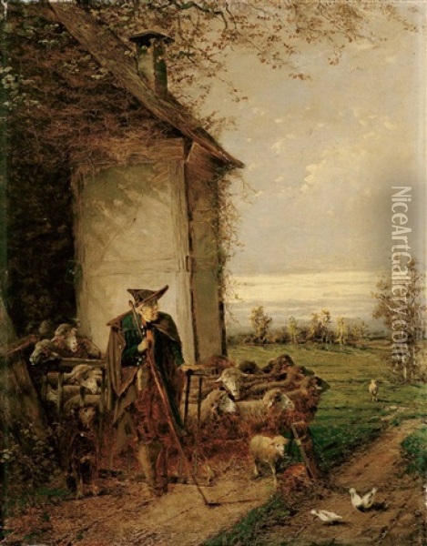 Schafer Mit Herde Oil Painting - Fritz Beinke