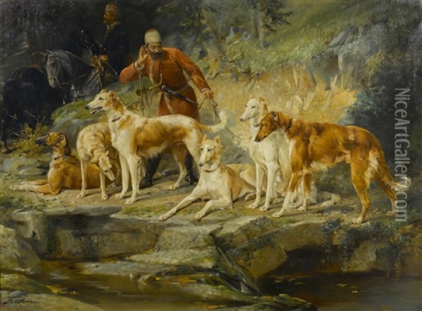 A Group Of Borzoi With A Cossack Hunter Oil Painting - Frederico Olaria