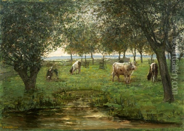 'grazende Kalfjes' / Grazing Calves Oil Painting - Piet Mondrian